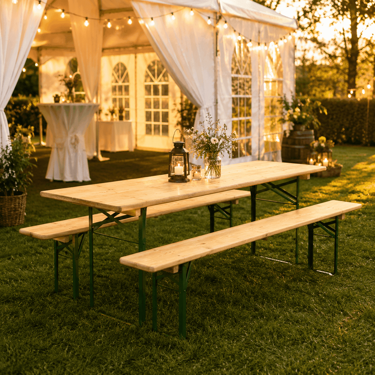 Bierzeltgarnitur mit Holztisch und Bänken vor einem festlich beleuchteten Partyzelt im Garten bei Sonnenuntergang.