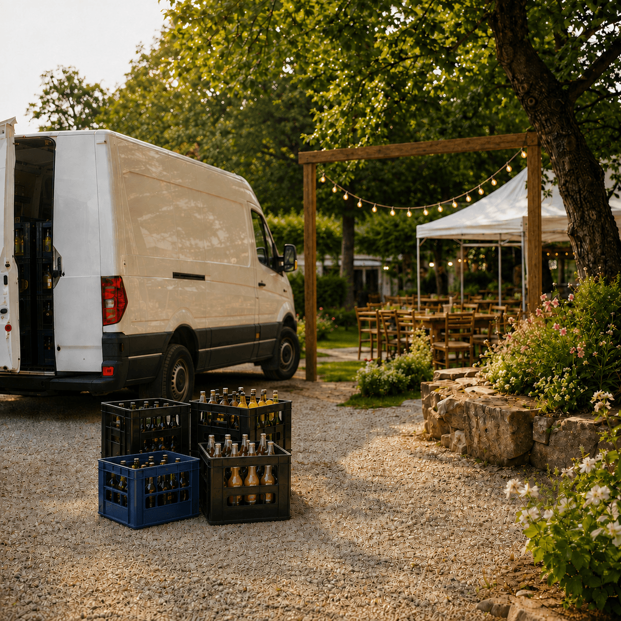 Liefermitarbeiter zieht Getränkekisten auf einer Sackkarre zu einer Gartenfeier mit Partyzelt, Sitzplätzen und Lieferwagen im Hintergrund.