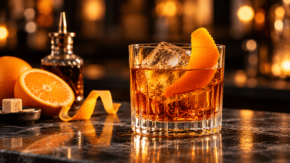 Rum Old Fashioned mit großen Eiswürfeln und Orangenzeste im Tumbler, daneben Orange und Bitters.