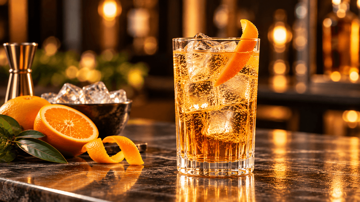 Brandy Ginger Ale mit Eiswürfeln und Orangenzeste im Highball-Glas vor warmem Barhintergrund.