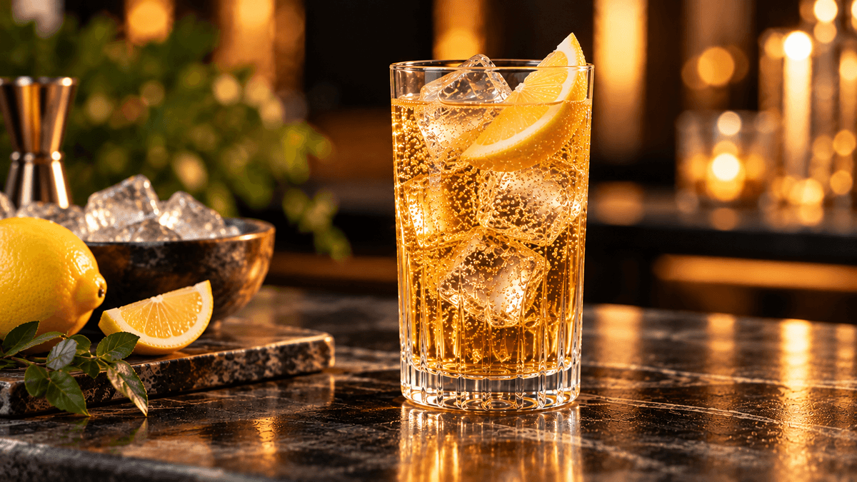 Whisky Ginger mit Eiswürfeln und Zitronenspalte im hohen Glas vor warm beleuchtetem Barhintergrund.
