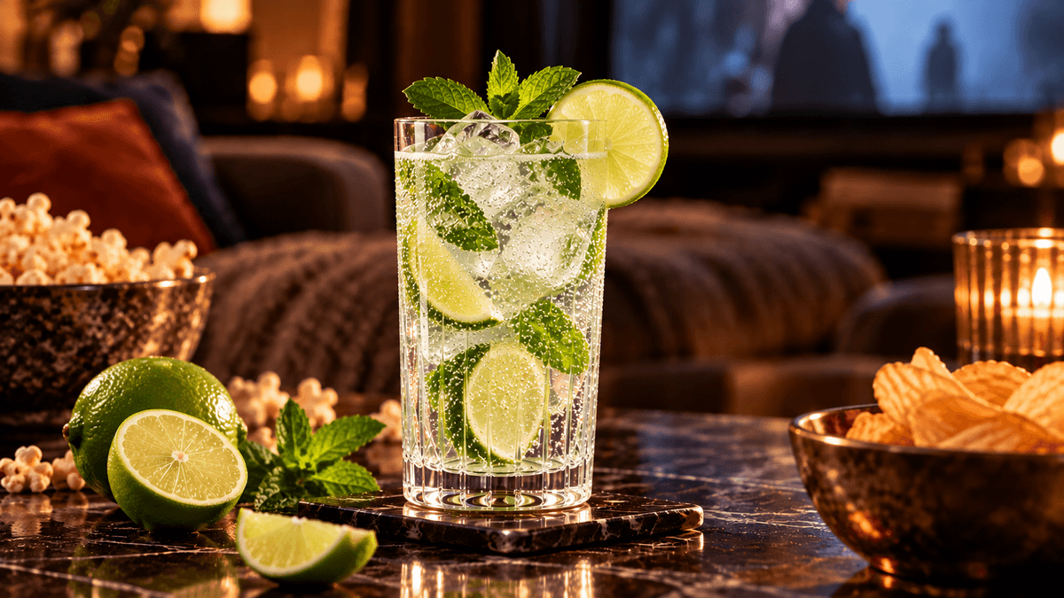 Limetten-Minz-Getränk mit Eiswürfeln im Glas, serviert mit Limette und Minze auf einem Tisch vor gemütlicher Sofakulisse.