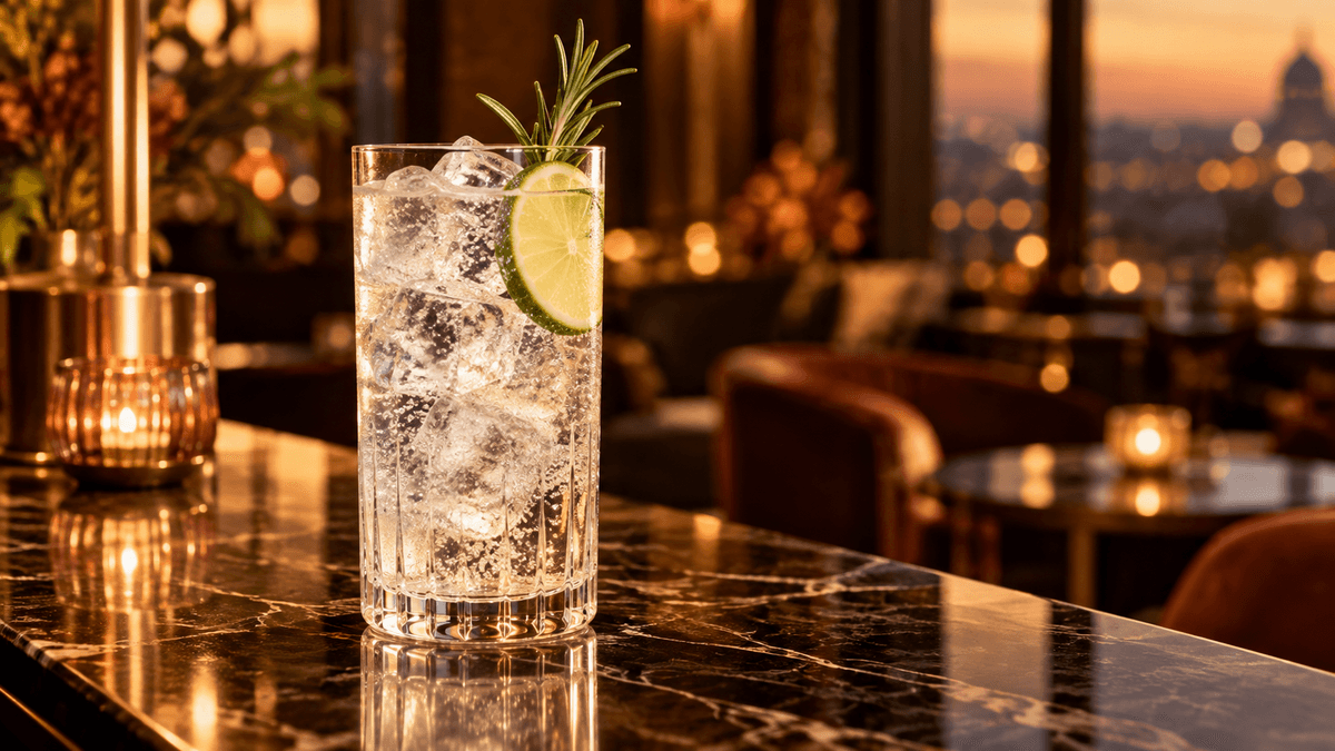 Gin Tonic mit Eis, Limettenscheibe und Rosmarinzweig in einem eleganten, warm beleuchteten Herbstambiente.