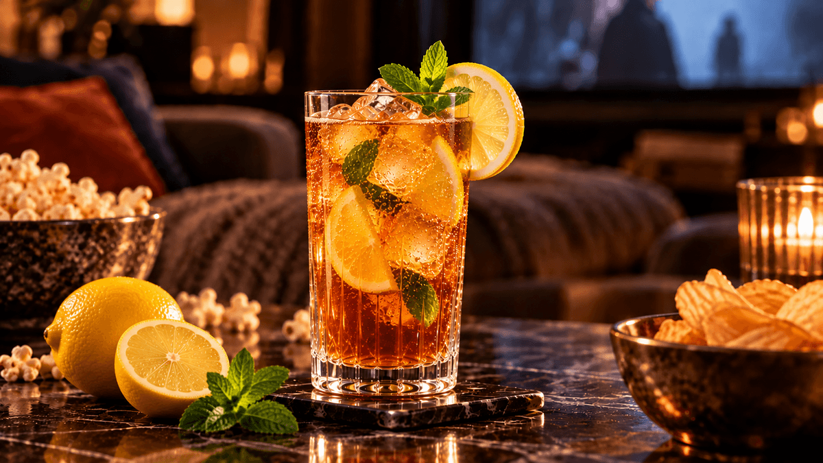 Eistee mit Eiswürfeln, Zitronenscheiben und Minze in einem Glas, Popcorn und Knabbereien in gemütlicher Filmabend-Atmosphäre.