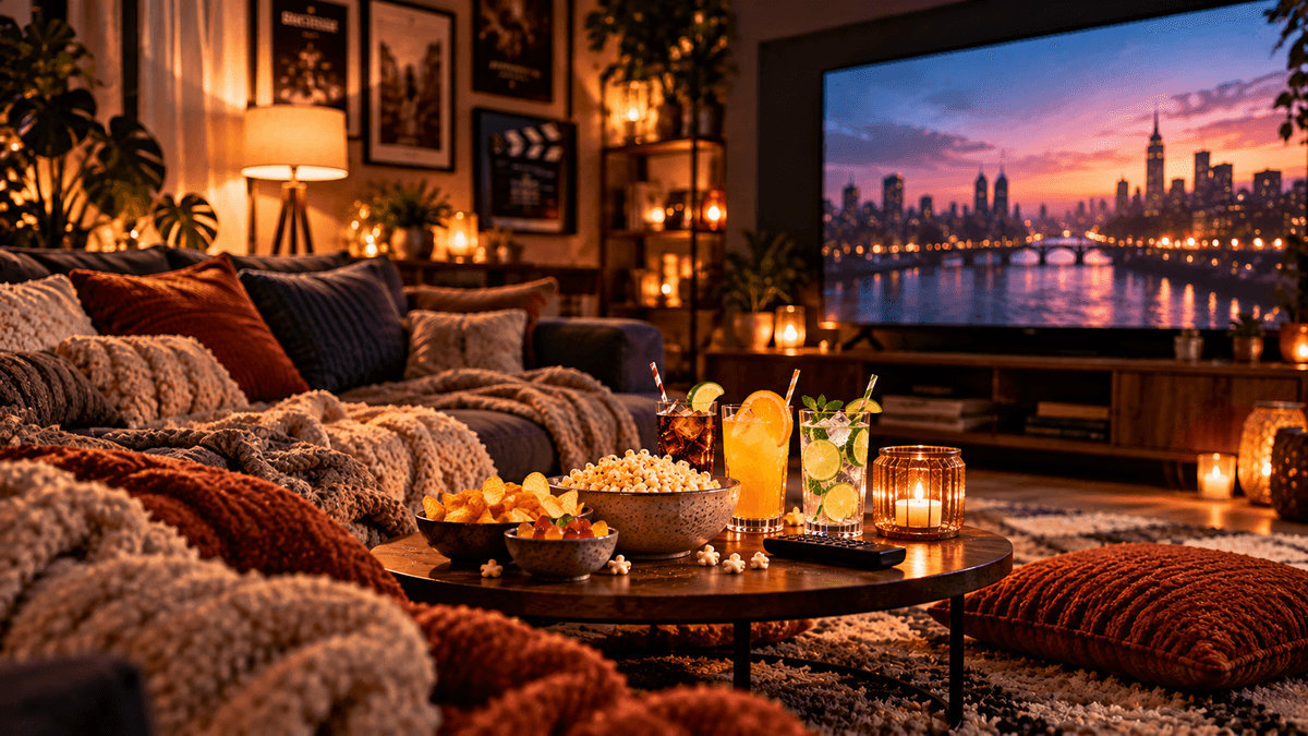 Wohnzimmer mit Fernseher, Decken, Kissen, Kerzenlicht und einem Couchtisch mit Erfrischungsgetränken, Popcorn und Snacks.