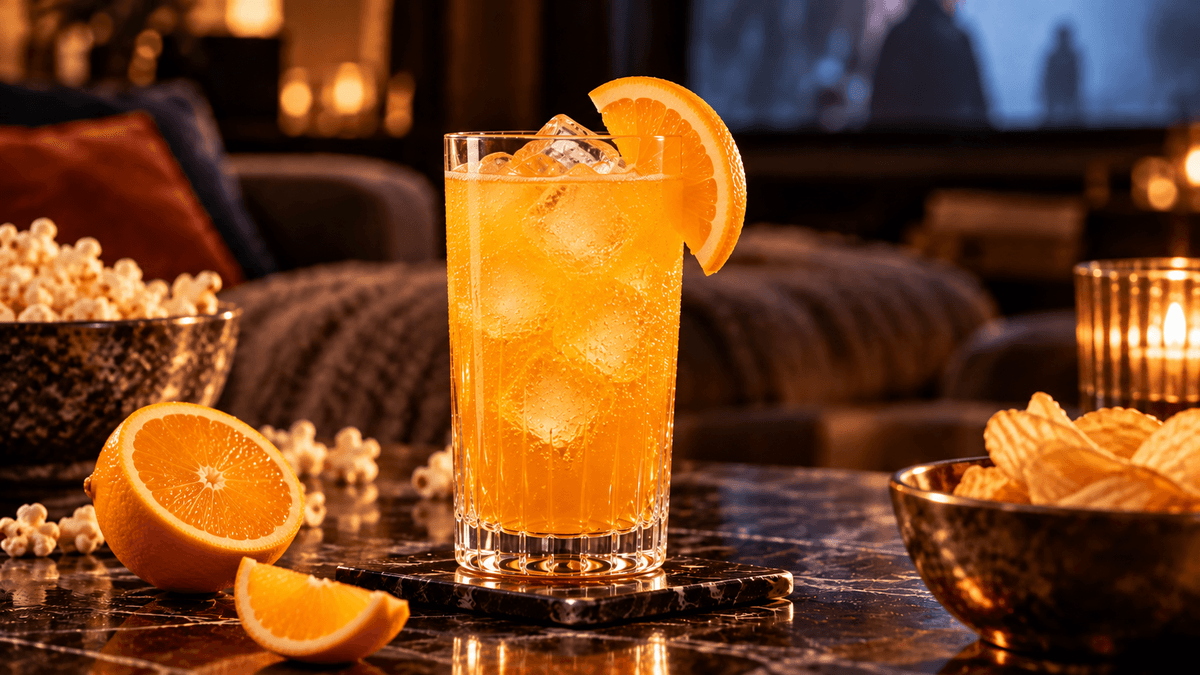 orangefarbenes Erfrischungsgetränk mit Eiswürfeln und Orangenscheibe in einem Glas, frischen Orangen und herzhaften Snacks auf einem Tisch.