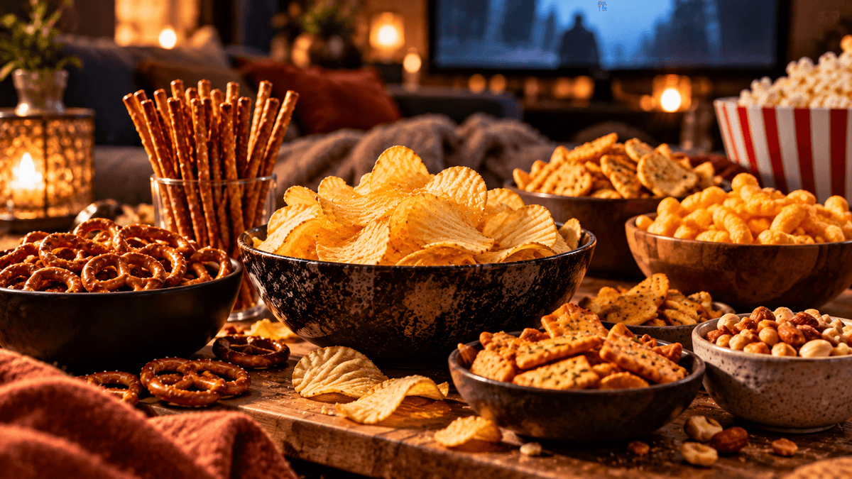 Auswahl Knabbereien wie Kartoffelchips, Salzbrezeln, Cracker und Snacks in Schalen auf einem Couchtisch vor einem Fernseher.