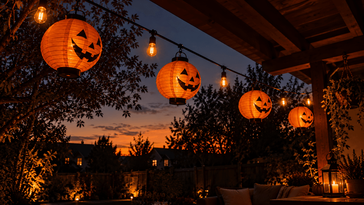 Kürbis-Laternen in einem gemütlich herbstlichen Balkon Ambiente