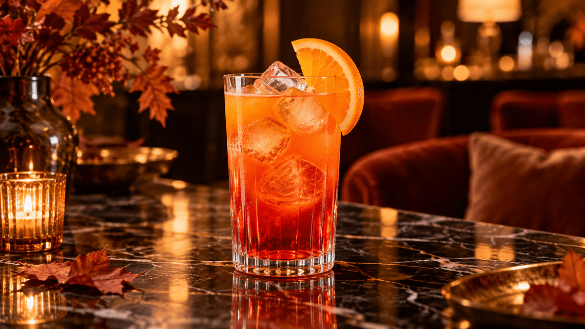 Orange-roter Campari Orange mit Eis und Orangenscheibe in edler, herbstlicher Lounge-Atmosphäre.