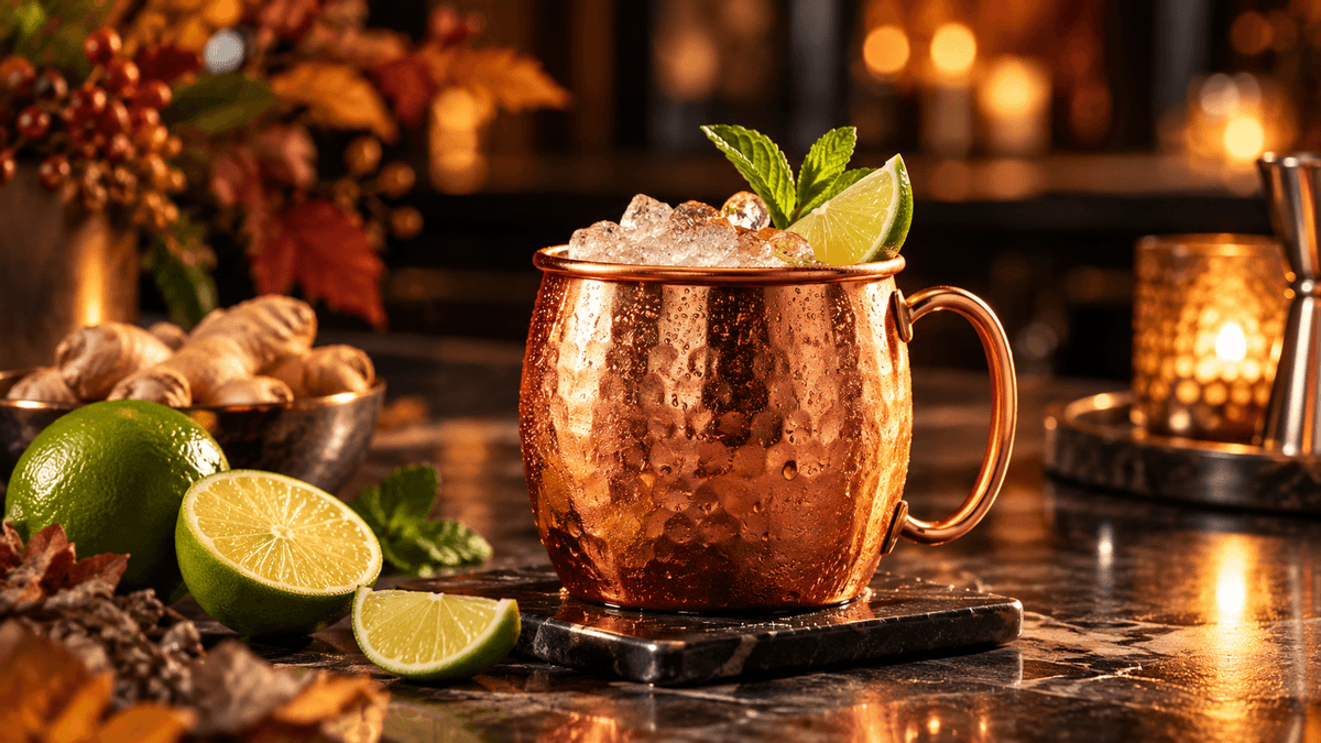 Vodka Mule im Kupferbecher mit Eis, Limette und Minze in einer warmen, herbstlich inszenierten Bar-Szenerie.
