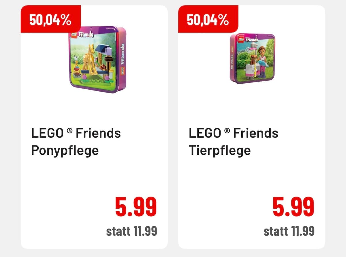 LEGO® Friends Ponypflege und Tierpflege: je 5,99 € statt 11,99 €, 50,04 % günstiger.