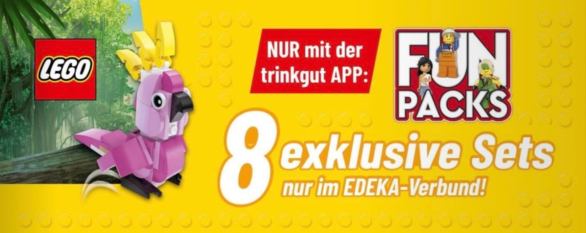 Gelbes LEGO® Motiv mit pinkem Papagei, trinkgut App-Hinweis und „8 exklusive Sets nur im EDEKA-Verbund“.