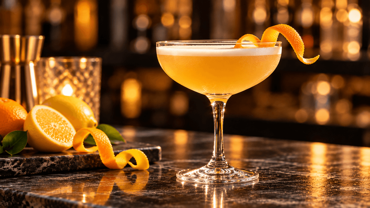 Metaxa Sour im Coupette-Glas mit feiner Schaumkrone und Orangenzeste, daneben Zitronen und Orangen.