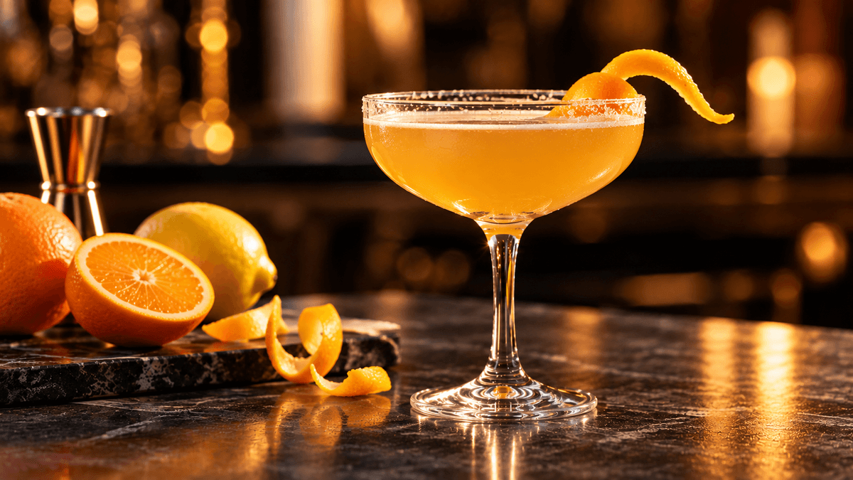 Goldener Sidecar im Coupette-Glas mit Orangenzeste, daneben Zitrusfrüchte und Barzubehör in warmer Beleuchtung.