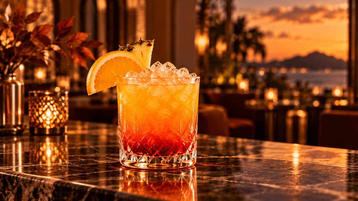 Fruchtiger Bahama Mama mit Crushed Ice, Orange und Ananas in einer eleganten, warmen Herbstkulisse.